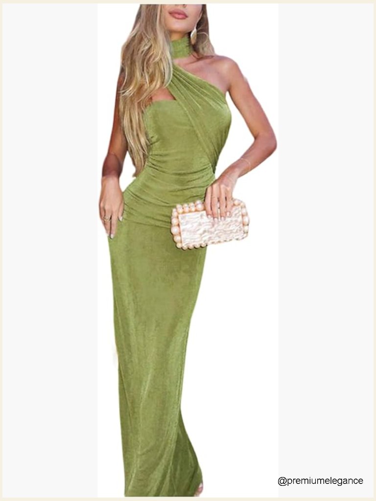 Elegant Halter Maxi Dress Ruched Sleeveless Bodycon Cocktail Party